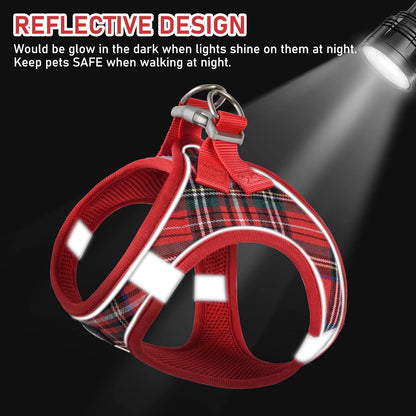 GAMUDA Small Dog Harness Collar and Leash Set, Step in No Chock No Pull Soft Mesh Adjustable Dog Vest Harnesses Plaid Reflective for Dogs Puppy Cats Kitten Rabbit (Red, XXS)