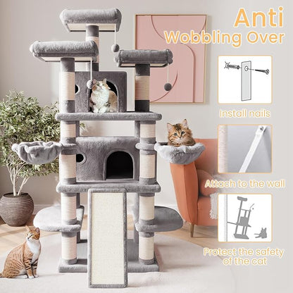 SHA CERLIN 68 Inches Multi-Level Large Cat Tree for Large Kitties/Big Cat Tower with Condo/Cozy Plush ‌Pussycat Perches/Sisal Scratching Posts and Hammocks/Activity Center/Grey