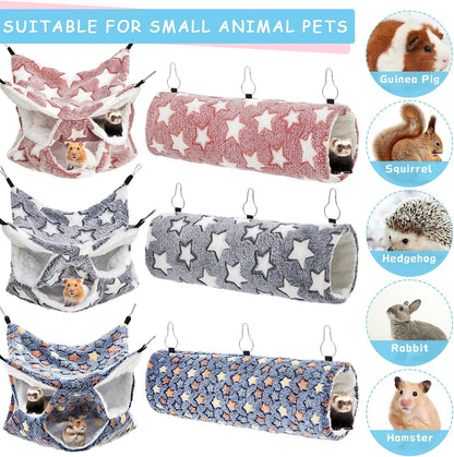 Sweetude 6 Pcs Rat Hammock Set Ferret Hanging Tunnel 3 Tier Guinea Pig Hammocks Hideout Soft Chinchilla Bed for Cage Accessories Hide,Play and Sleep (Dark Color Scheme,Star)