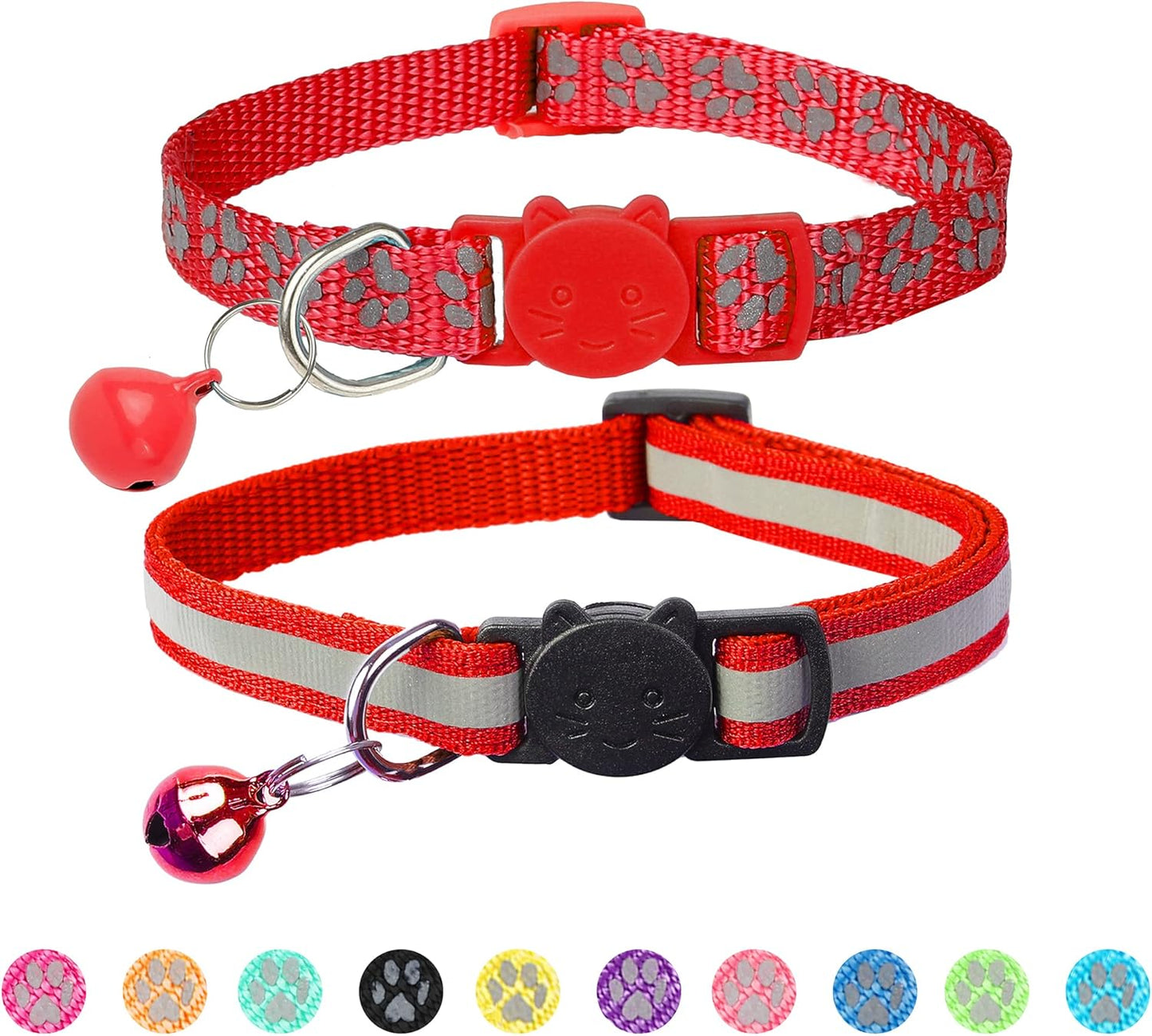 BANMODER 2 Pack Reflective Cat Collar Breakaway with Bell,Personalized Kitten Collars,Adjustable Safety Buckle Collar for Male Cats Girls & Boys (Red)