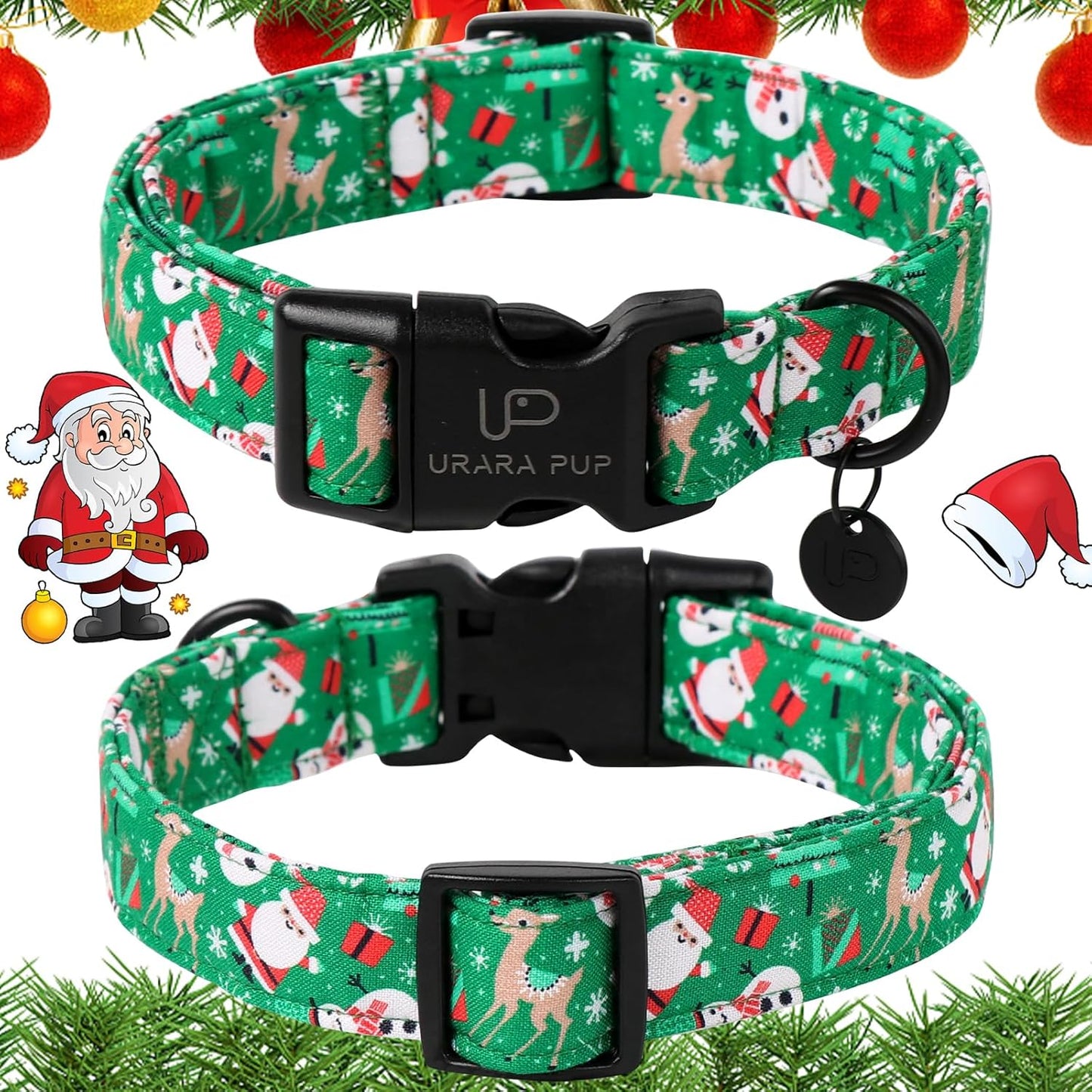 Christmas Santa Claus Dog Collar, Cute Christmas Elk Collar for Puppy Girl Boy Dog, Adjustable Green Dogs Collars for Small Medium Large Dogs