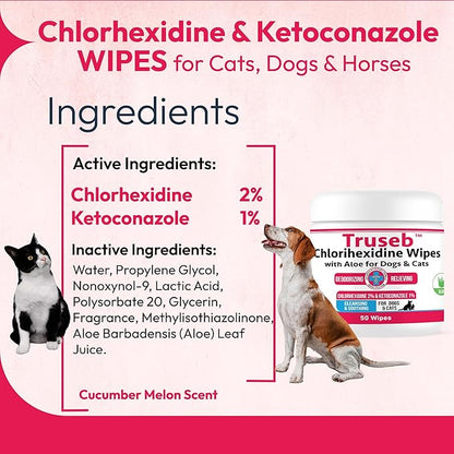 Truseb Topical Ketoconazole and Chlorhexidine Wipes for Dogs, Cats and Horses - with Aloe for Cleansing - 50 Count (Ketoconazole & Chlorhexidine Wipes, 50 Count)
