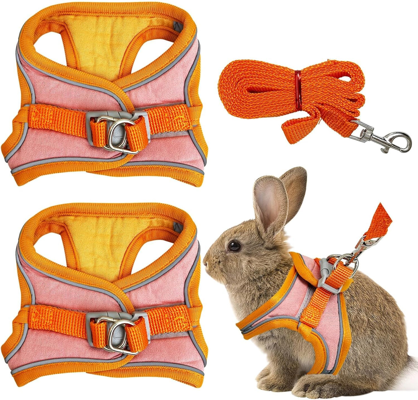 PINVNBY 2 Pack Bunny Hsrness and Leash Set Adjustable Rabbit Harness with Reflective Strips Double Buckle Pet Vest Eescape Proof for Small Rabbit Kitten Puppy Walks Accessories (Orange Pink, S)
