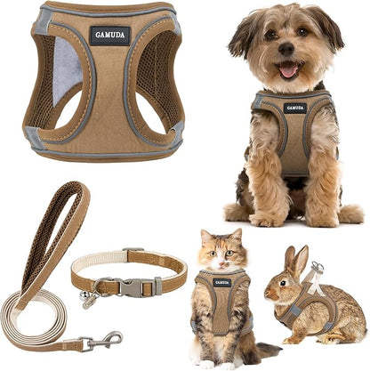 GAMUDA Small Pet Harness Collar and Leash Set, Step in No Chock No Pull Linen Fabric Soft Mesh Dog Vest Harnesses Reflective for Dogs Puppy Cats Kitten Rabbit (Brown, XS)