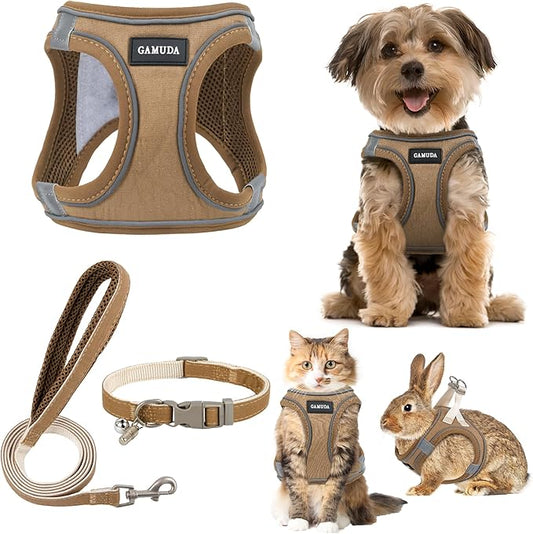 GAMUDA Small Pet Harness Collar and Leash Set, Step in No Chock No Pull Linen Fabric Soft Mesh Dog Vest Harnesses Reflective for Dogs Puppy Cats Kitten Rabbit (Brown, XXS)