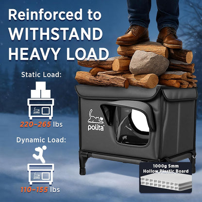 Rugged Heated Cat House for Outdoor Cats in Winter, Extremely Insulated & 100% Weatherproof, Elevated Feral Cat Shelter with Waterproof Eaves & Safe Escape Door for Stray & Barn Cats