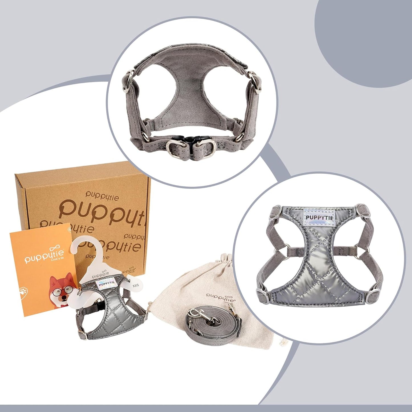 Puppytie No Pull xs Dog Harness with Multifunction Dog Leash,Soft Adjustable No Choke Escape Proof Pet Harness Vest,Glossy Grey,XXS