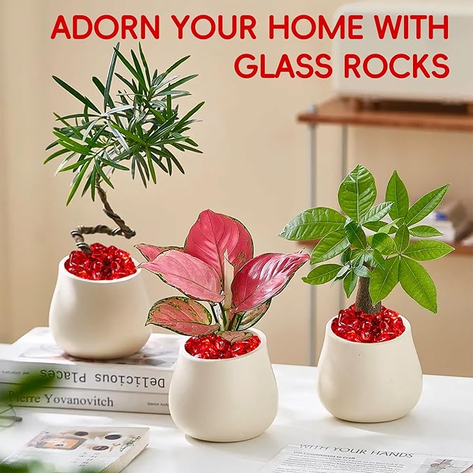 Meschett Colorful Glass Stones, 0.97 LB Fish Tank Gravel, Small Irregular Rainbow Aquarium Gravel for Aquarium Decorations and Turtle Tank, Sea Glass Beads Crystals for Fish Bowl, Vase Filler,Red