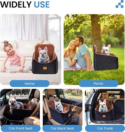 Dog Car Seat for Small Dogs - Puppy Car Seat with Safety Strap & Waterproof Padding, Portable Pet Carrier for Cars, Trucks & SUVs, Comfortable Elevated Bed for Pets Up to 35lbs (Black/Coffee)
