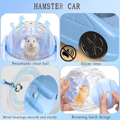 3-in-1 Hamster Car Toy, Silent Dwarf Hamster Running Ball and Exercise Wheel 4.8 Inches, Small Pet Activity Center (Blue)