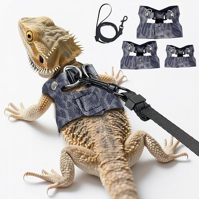 AIITLE 3 Pack Adjustable Bearded Dragon Harness and Leash Set - Leopard Print, Comfort Soft Leather Vest for Lizards, Iguanas, Guinea Pigs, Outdoor Camping & Walking, Blue
