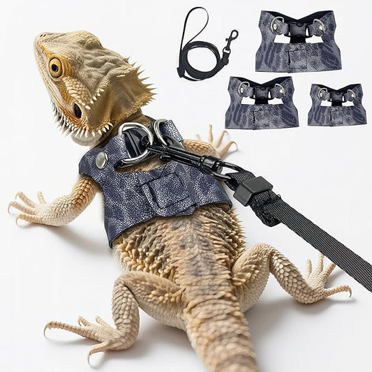 AIITLE 3 Pack Adjustable Bearded Dragon Harness and Leash Set - Leopard Print, Comfort Soft Leather Vest for Lizards, Iguanas, Guinea Pigs, Outdoor Camping & Walking, Blue