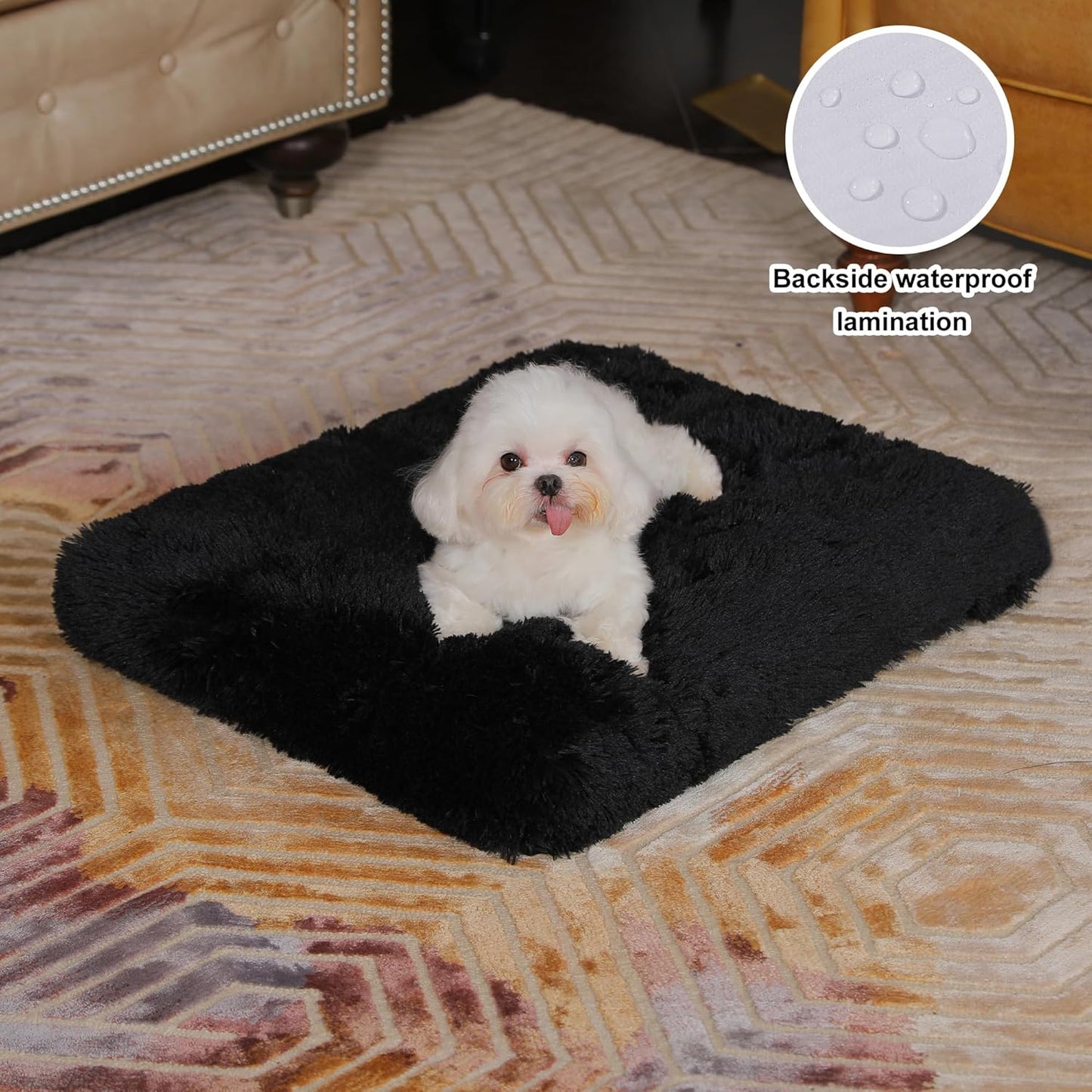 Bedfolks Plush Dog Crate Pad, Washable Dog Kennel Bed, Faux Fur, 17"x12", Black