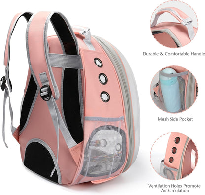 Bird Backpack Carrier, Travel Bird Cage for Small Medium Size Parrot Parakeet Budgies Cockatiel, Portable Clear Bubble Window Bag with Stainless Steel Tray Food Bolw Standing Perch (Pink)