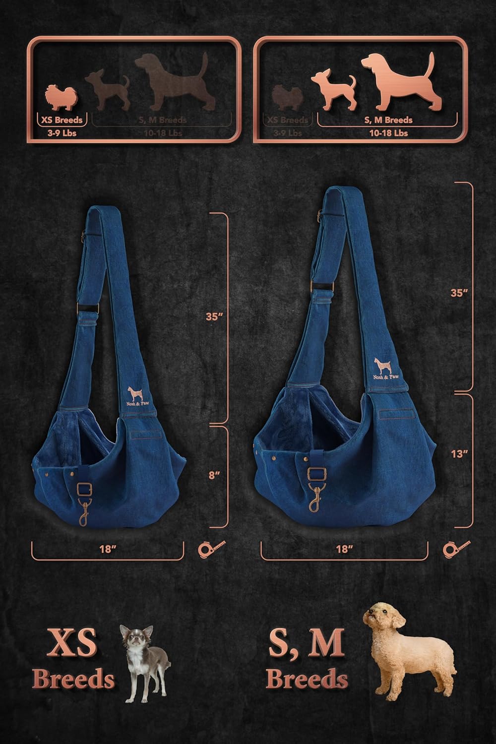 Noah & Paw Dog Sling Carrier for Small Dogs 5-18lb, Dog Sling for Small Dogs and Cats, Dog Carrier with Adjustable Padded Strap, Premium Denim, Lined with Fur, Double Safety Feature, Machine Washable