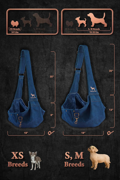 Noah & Paw Dog Sling Carrier for Small Dogs 5-18lb, Dog Sling for Small Dogs and Cats, Dog Carrier with Adjustable Padded Strap, Premium Denim, Lined with Fur, Double Safety Feature, Machine Washable