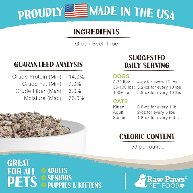 Raw Paws Signature Pet Food for Dogs & Cats - Green Beef Tripe, 1-lb Rolls (20 Pack) - Fresh Pet Food Made in USA, Green Beef Tripe Dog Food - Natural Dog Food Rolls, Raw Frozen Dog & Cat Food