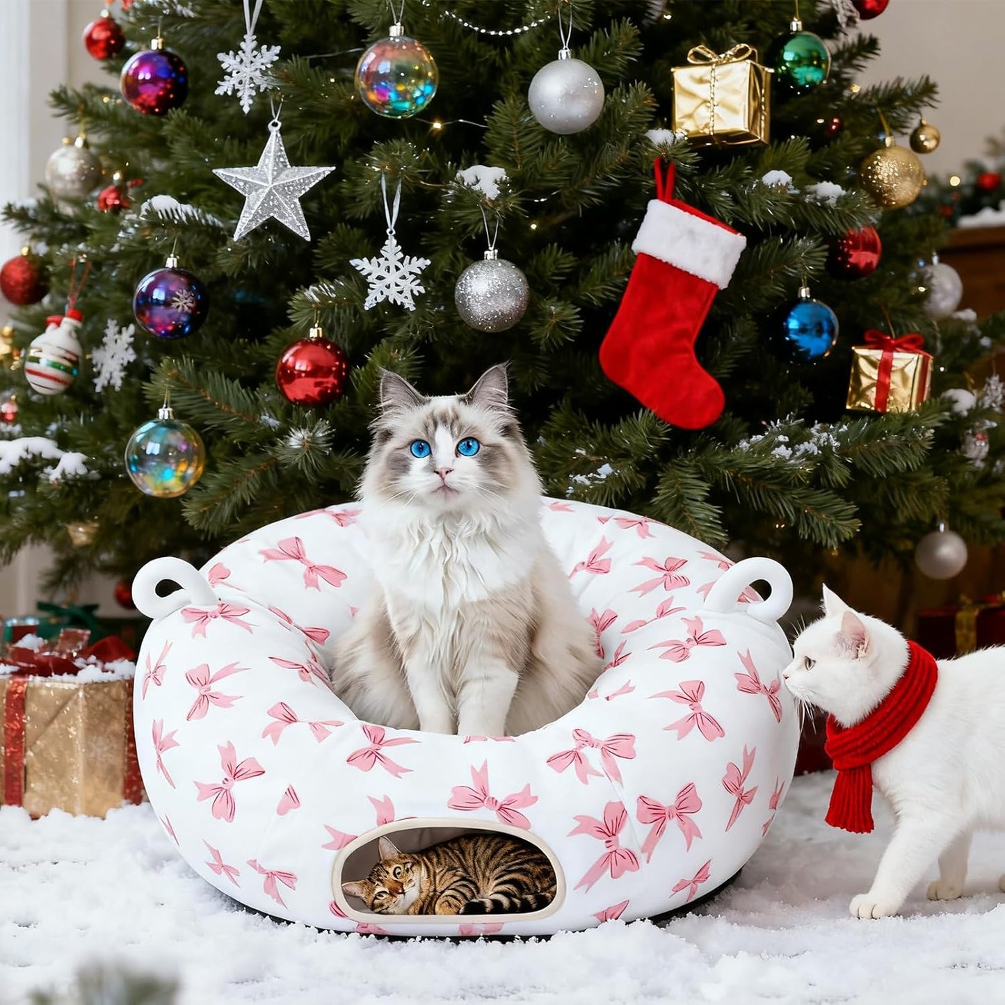 Cat Tunnel with Cat Bed for Indoor Cats, Under Christmas Tree Cute Kitten Donut Tunnel with Washable Cushion, Peekaboo Cat Cave Toy for Kitten Puppy Rabbit, Pink Pattern