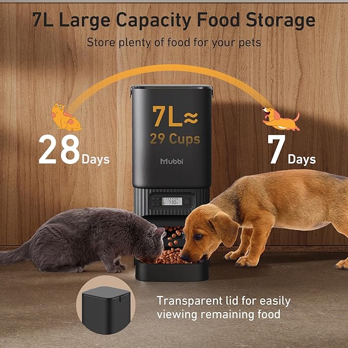 Automatic Cat Feeder, 7L/29 Cups Automatic Dog Feeder with Desiccant Bag, 1-6 Meals Ideal for 2-15mm Dry Food, Suitble for Multiple Pets, Dual Power Supply, Detachable Washable, Black