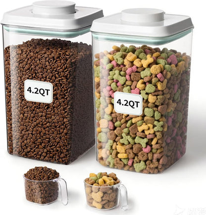 3-5 Lbs Dog-Cat Pop Treat - Airtight Jar - Pet Food Storage Container for Kibble & Treats, 2pcs 4L/4.2qt with 130ml/0.14qt Half Scoop Stackable Pop Lid Plastic Container with Lid