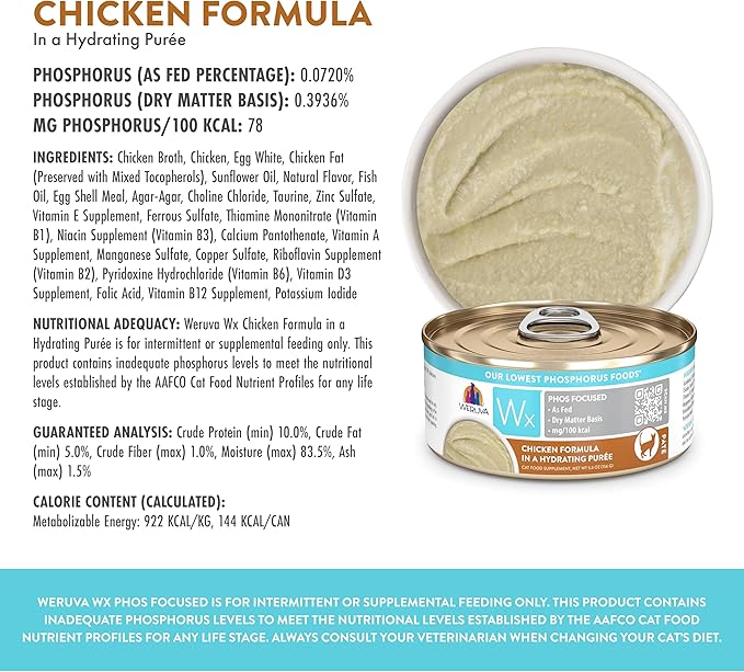 Weruva Wx Phos Focused Chicken Formula in a Hydrating Puree 5.5oz Can, Pack of 8