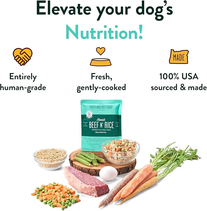 Portland Pet Food Company Rosie’s Beef N' Rice Fresh Dog Food Pouches - Human-Grade, Gluten-Free Wet Pet Meal Topper & Mixers - Small & Large Breed Puppy & Senior Dogs - Made in The USA - 5 Pack