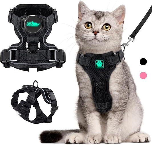 Cat Harness and Leash for Walking,Airtag Cat Harness and Leash Set with Integrated Hidden type Air Tag Holder,Escape Proof Reflective Adjustable Vest Harnesses with Apple Air Tag Case for Cats,Puppies