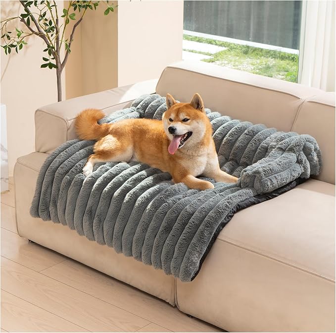 Avont Dog Bed Mat for Couch, Warm Fluffy Calming Sofa Topper Furniture Protector for Small Medium Large Dogs Cats with Removable Washable Cover -Darkgrey(M)
