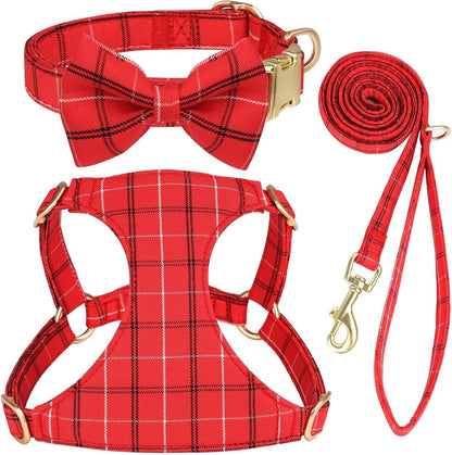 Beirui Cute Extra Small Dog Harness Collar and Leash Set with Bowtie, Soft Adjustable Plaid Puppy Harness for Small Sized Dogs Cats Walks Parties and Photoshoots(Red,XXS:Chest 12-14")