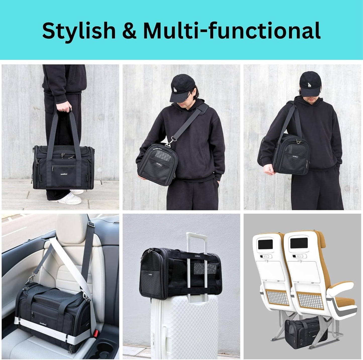 Crash-Tested Cat Carrier Soft (Test with FMVSS 213b - 5 Star Safety Rated by CPS) | TSA Airline Approved, Expandable, Zipper Locks, Fan Pocket | Best Dog Car Carrier for Safe Travel (Pet Up to 9lbs)