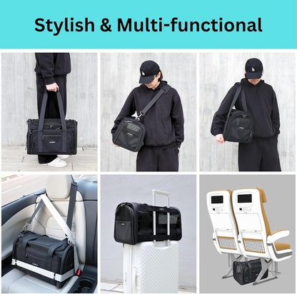 Crash-Tested Cat Carrier Soft (Test with FMVSS 213b - 5 Star Safety Rated by CPS) | TSA Airline Approved, Expandable, Zipper Locks, Fan Pocket | Best Dog Car Carrier for Safe Travel (Pet Up to 9lbs)