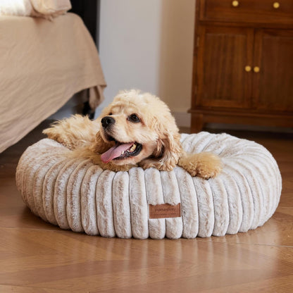 FUKUMARU Dog Bed, Calming Donut Dog Beds for Anxious Puppies, Modern Aesthetic Cat Bed with Gradient Print, Cute Round Pet Beds with Washable Cover, Orthopedic Puppy Bed, Camel, Small, 25 inches
