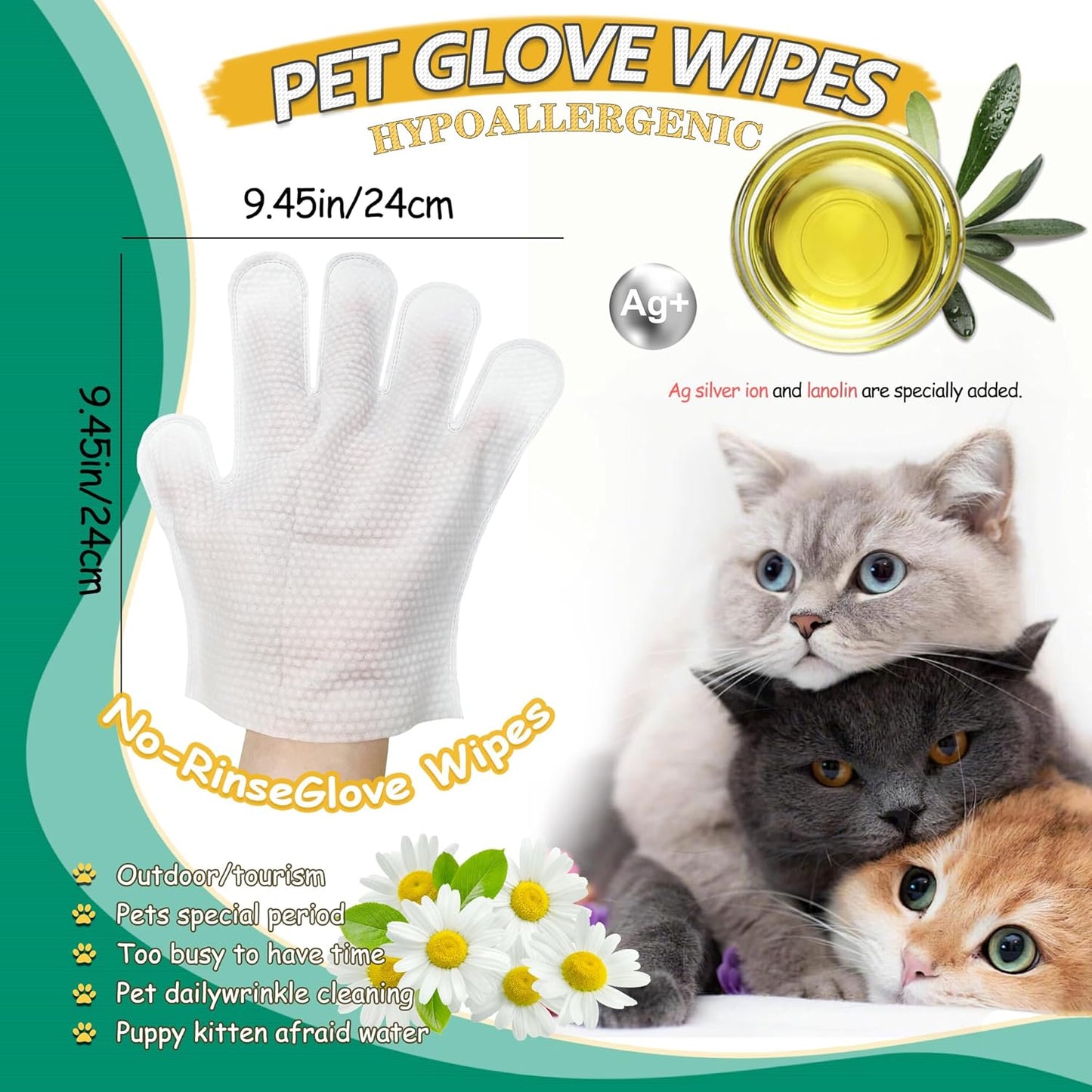 40PCS Pet Cleaning and Deodorizing Grooming Glove Wipes for Dogs and Cats, Extra Thick Nourish Fur No-Rinse Grooming Wipes for Daily Care and Travel, Hypoallergenic