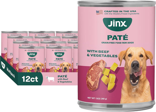 Jinx Premium Wet Dog Food Cans - Beef Pate - Grain-Free Canned Dog Food Pate & Topper with Real Ingredients & No Fillers - All Life Stages, Breeds & Sizes - 12-Pack, 13 Oz