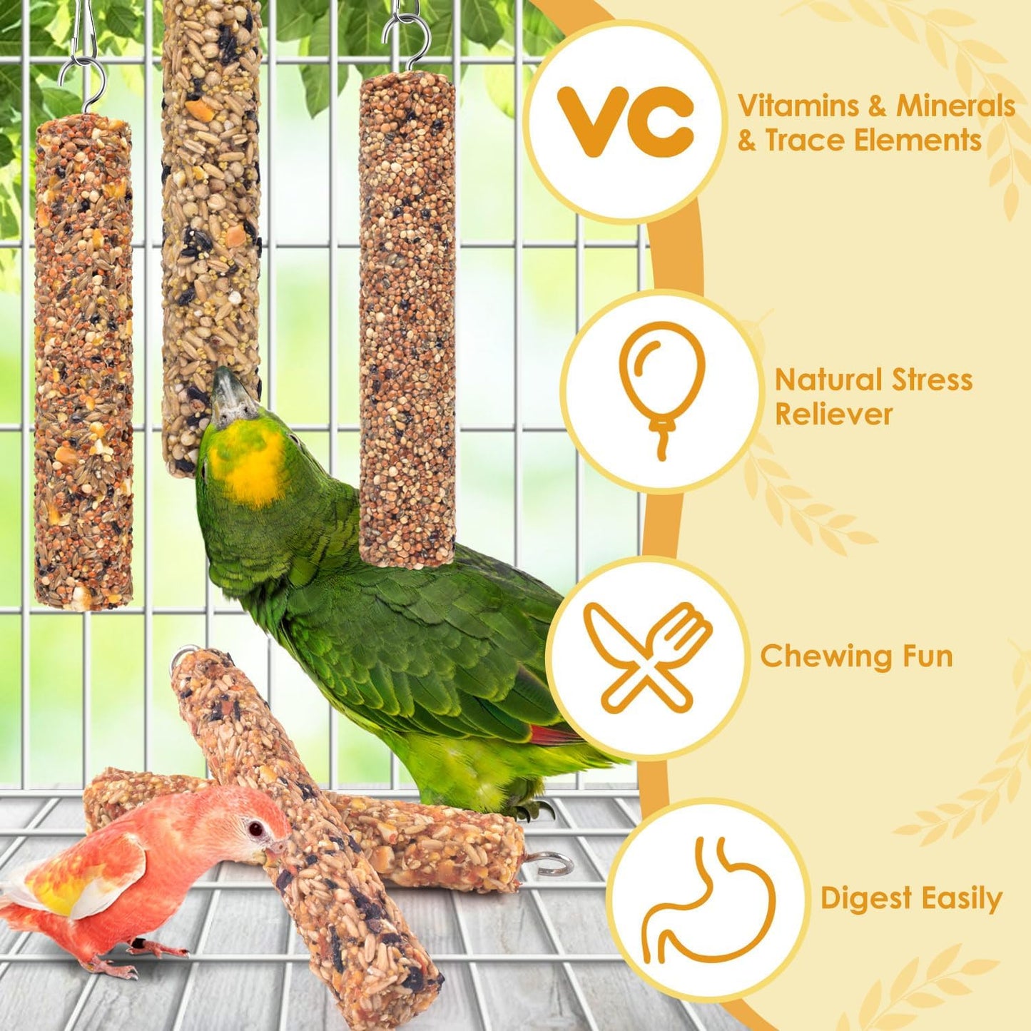 KATUMO Parrot Treats 5 PCS Bird Crunch Sticks Cockatiel Treats Parakeet Snacks Conure Food Sticks for Parakeet Cockatiel Canary Finch Lovebird Conure Lorikeet Parrots