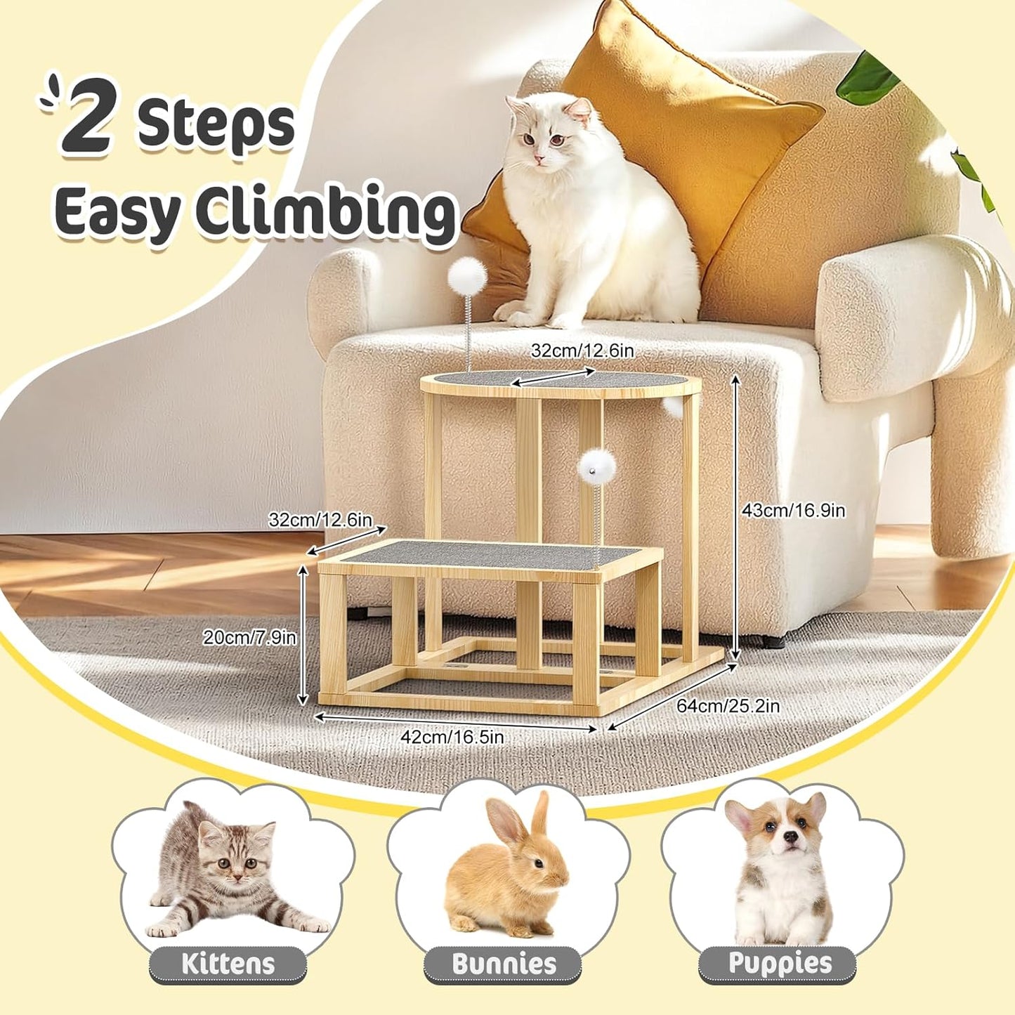 Pawaboo Cat Beds and Stairs, 2-Step Kitten Scratcher Hammock Bed with Cat Teasers & Hanging Ball, Wooden Kitties Hammock Staircase for High Beds Couch,Stair Shaped Cats Bed for Indoor Climbing Playing
