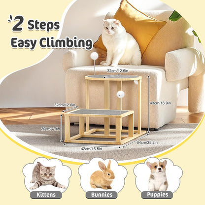 Pawaboo Cat Beds and Stairs, 2-Step Kitten Scratcher Hammock Bed with Cat Teasers & Hanging Ball, Wooden Kitties Hammock Staircase for High Beds Couch,Stair Shaped Cats Bed for Indoor Climbing Playing