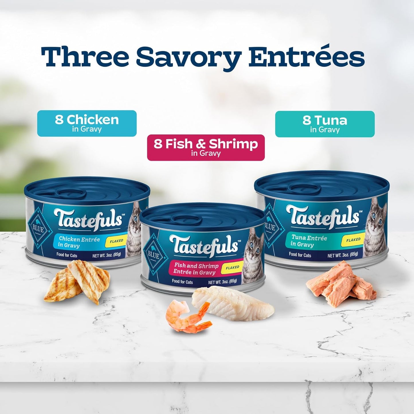 Blue Buffalo Tastefuls Natural Flaked Wet Cat Food Variety Pack, Tuna, Chicken and Fish & Shrimp Entrées in Gravy 3-oz Cans (24 Count)