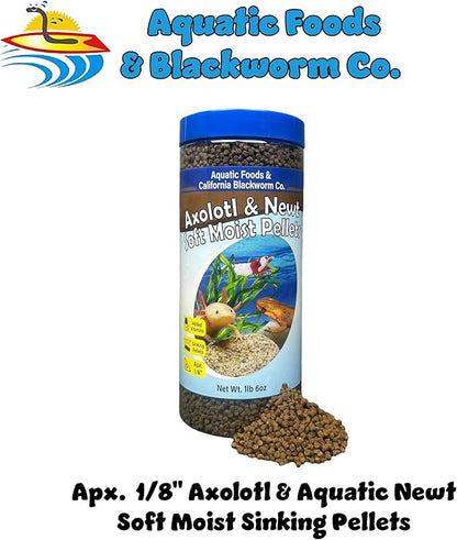 Aquatic Foods Inc. Axolotl Pellet Food 1/8" Soft Moist Sinking Pellets for Juvenile Axolotl Also Shrimp, Snails, Crayfish, Bottom Tropical Fish, Blackworm Pellets Included 1-lb 6oz Canister