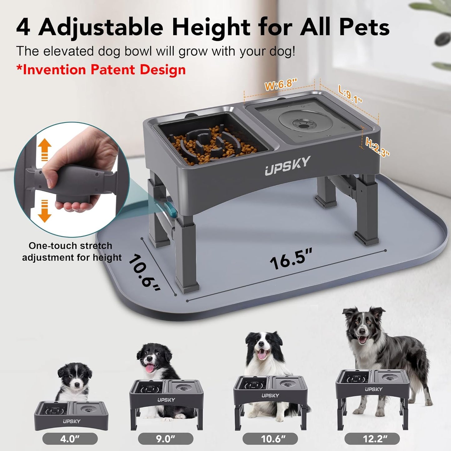 UPSKY 3-in-1 Elevated Dog Bowls with Mat, Large 24 x 16 Inches, 4 Height Adjustable Stand with Slow Feeder, Stainless Steel Bowl for Small to Medium Dogs, Grey