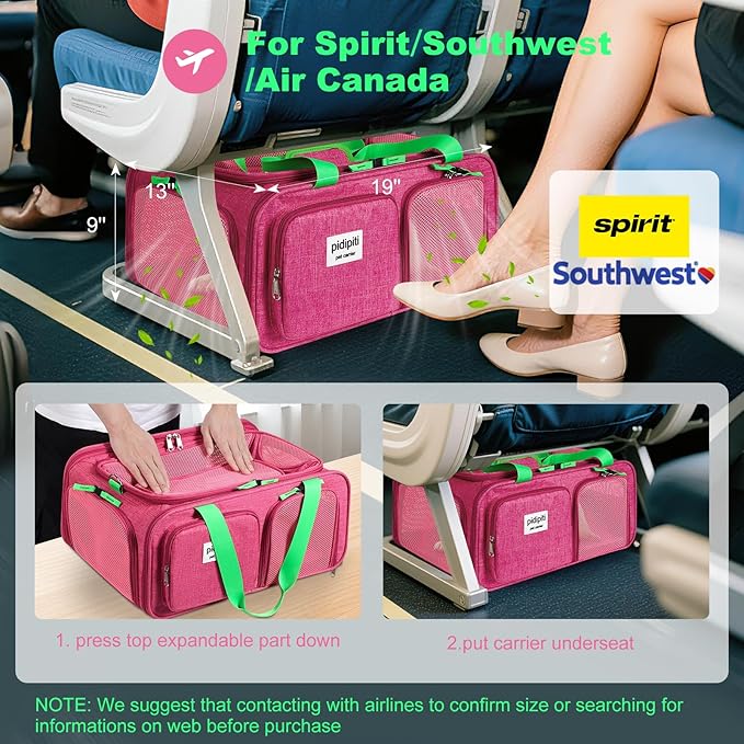 19x13x9 TSA Approved top Expandable pet Carrier for Small Dog Puppy cat up to 10 lbs Weight and 18'' Length, for Southwest Spirit Canada Airlines(Pink)