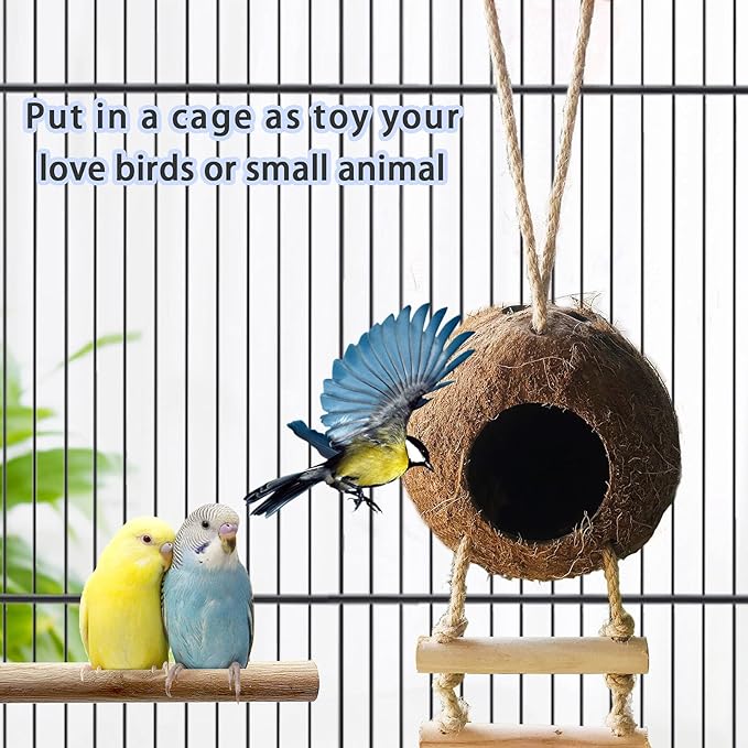 Bird Hides Coconut Nest with Wood Ladder,Syrian Hamster Cage Hanging Natural Coco Shell Hut Hide Toy with Wooden Bridge,Hollow Hideaway Toys for Small Animal Rat Lovebird Finches