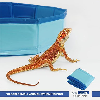 Bearded Dragon Foldable Bath Pool with Bath Brush, Bathrobe, Towel, Spray Pot and Tweezer, (Blue 6 in 1 Set) for Puppy Small Dogs Cats