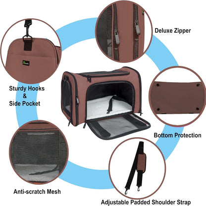 Soft Sided Carrier for Small Medium Cats Dogs,TSA Airline Approved Collapsible Travel Pet Carrier (Medium, Brown)