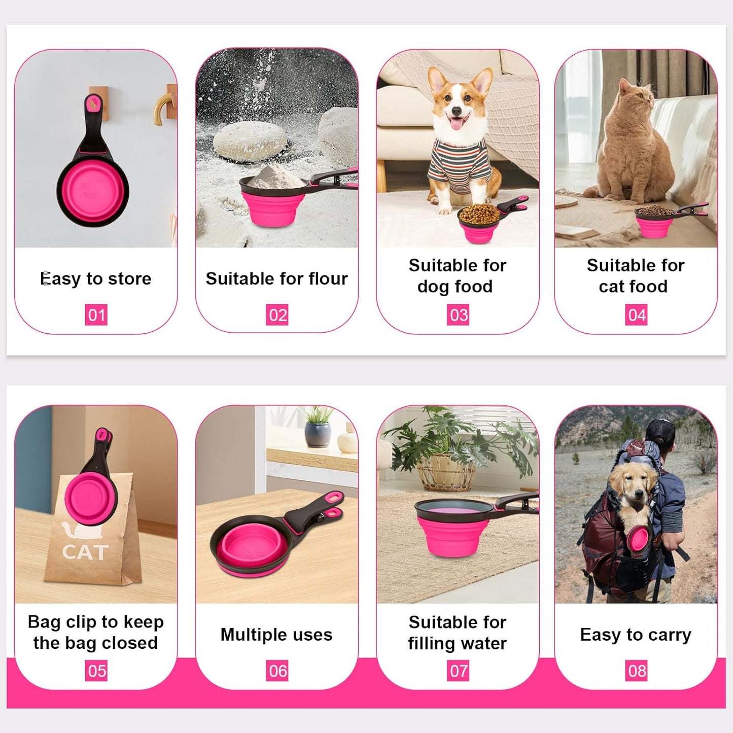 Collapsible Silicone Dog Food Scoop Foldable Pet Food Measuring Cup with Bag Clip 3 in 1 Multi-Function Silicone Dog Food Scooper (Rose Red, Large)