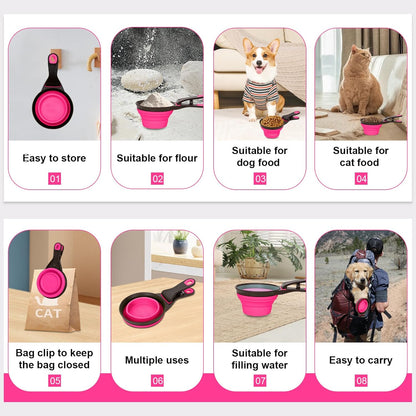 Collapsible Silicone Dog Food Scoop Foldable Pet Food Measuring Cup with Bag Clip 3 in 1 Multi-Function Silicone Dog Food Scooper (Rose Red, Large)