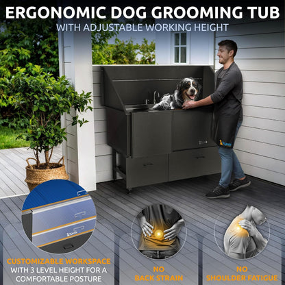 KANIS Black Line Professional Dog Washing Station - 304 Stainless Steel Pet Wash Sink & Grooming Bathtub w/Shower, Floor Grates and Storage for Large, Medium & Small Pets (61", 2 Drawers - Left Ramp)