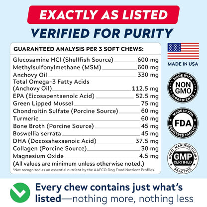 STRELLALAB Senior Advanced Glucosamine Joint Supplement for Dogs - Green Lipped Mussel & Collagen - Large Breeds - Hip & Joint Health - Bacon Flavor - 120 Chews