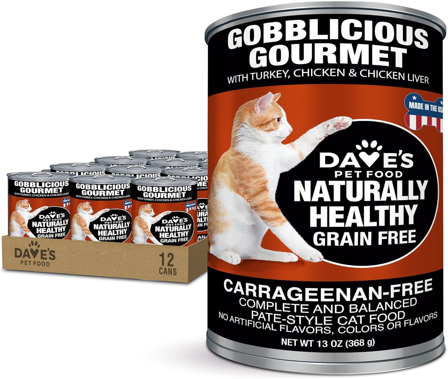 Dave's Pet Food Grain Free Wet Canned Cat Food Pate (Gobblicious Gourmet), Made in USA Naturally Healthy, Added Vitamins & Minerals, 13 oz Cans (12 Pack)