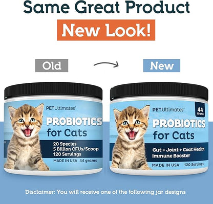 Pet Ultimates Probiotics for Cats – 20-Species Cat Probiotic Powder to Treat Diarrhea, Vomiting, Digestive Support & Cat Antibiotics Recovery – Cat Health Supplies (44 gr)